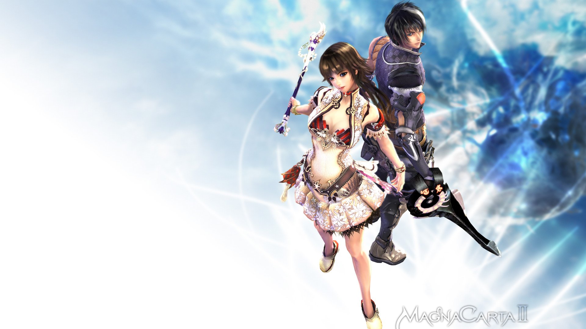 Magna Carta video game HD PC wallpaper: two fantasy heroes — a female mage with a staff and a male swordsman — on a blue-white energy background.
