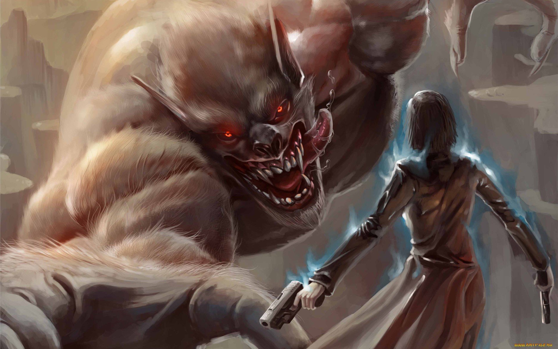 A dynamic fantasy scene featuring a menacing creature with glowing red eyes confronting a figure wielding a gun, set against a dramatic background. This HD wallpaper captivates with its intense detail.