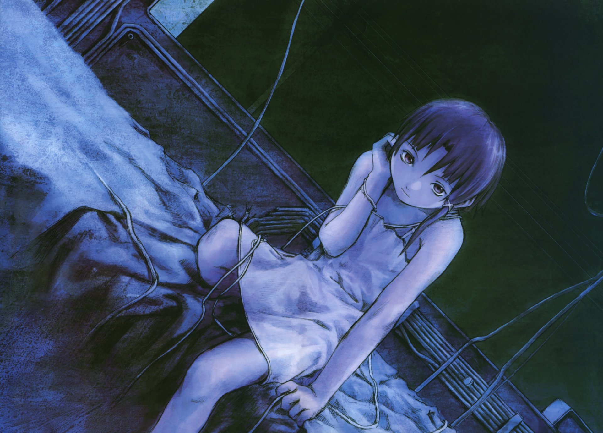 An HD desktop wallpaper featuring a character from the anime Serial Experiments Lain, depicted in a subdued color palette, sitting on a bed surrounded by wires and a mysterious atmosphere.