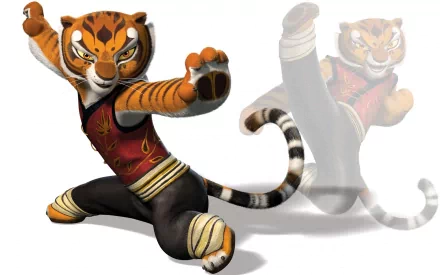 Tigress from Kung Fu Panda strikes a dynamic pose in this HD wallpaper, showcasing her fierce determination and martial arts prowess in a vibrant design.
