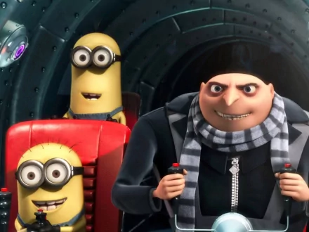 Gru and two Minions from the movie Despicable Me are seated inside a vehicle, captured in this HD PC desktop wallpaper and background.