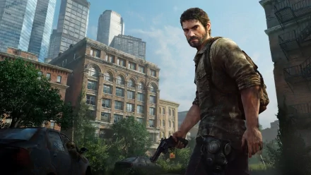 HD wallpaper featuring Joel from The Last of Us, set against a backdrop of abandoned buildings and overgrown nature, capturing the game's post-apocalyptic theme.