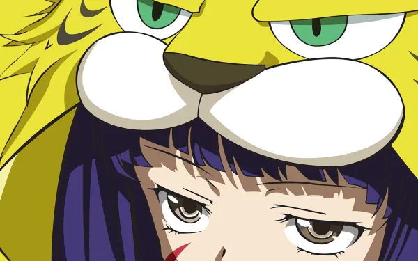 Close-up anime-style HD desktop wallpaper from Oda Nobuna No Yabou, featuring a character partially obscured by a large yellow lion's head costume.
