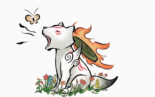 HD PC desktop wallpaper featuring Amaterasu, the wolf from the video game Ōkami, surrounded by flowers and a butterfly on a white background.