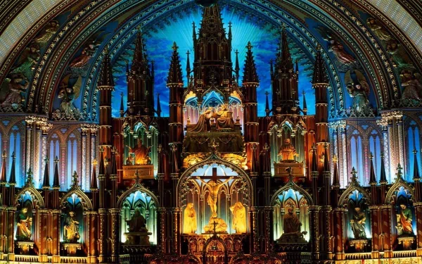 Stunning interior of the Notre-Dame Basilica of Montreal, showcasing intricate architecture and colorful lighting in a vibrant display of Christian religious art. Perfect HD desktop wallpaper.