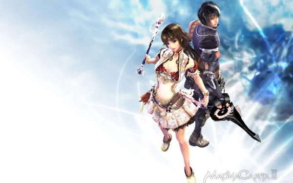 Magna Carta video game HD PC wallpaper: two fantasy heroes — a female mage with a staff and a male swordsman — on a blue-white energy background.