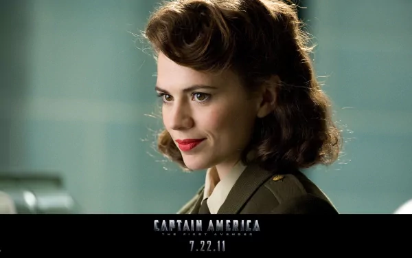 A stylish HD wallpaper featuring Hayley Atwell as Peggy Carter from the movie Captain America: The First Avenger, showcasing her iconic look in a vintage military uniform.