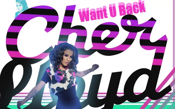HD desktop wallpaper featuring Cher Lloyd, promoting her song Want U Back with vibrant colors and bold typography.