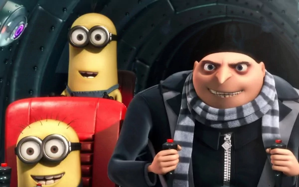 Gru and two Minions from the movie Despicable Me are seated inside a vehicle, captured in this HD PC desktop wallpaper and background.