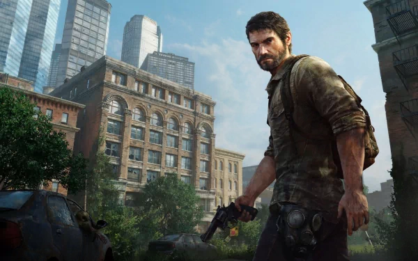 HD wallpaper featuring Joel from The Last of Us, set against a backdrop of abandoned buildings and overgrown nature, capturing the game's post-apocalyptic theme.
