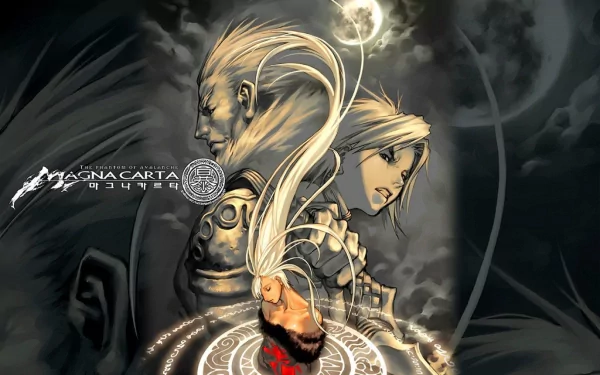 HD PC desktop wallpaper featuring characters from the video game Magna Carta, with a dark, mystical background and intricate magical symbols.