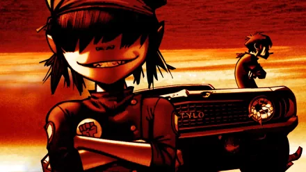 HD PC desktop wallpaper featuring animated Gorillaz characters in front of a vintage car against a vivid orange sunset, highlighting the band's iconic music style.