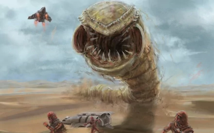 HD PC desktop wallpaper of a menacing sci-fi monster worm creature attacking soldiers in a desert, with a futuristic aircraft flying overhead.