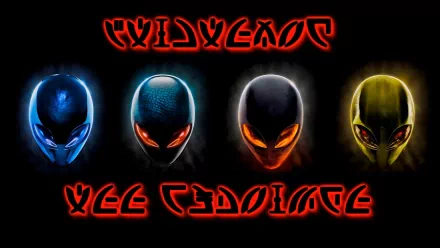 HD Alienware desktop wallpaper featuring four glowing alien heads in blue, teal, orange, and yellow with futuristic red text above and below, emphasizing technology themes.