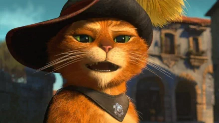 HD desktop wallpaper and background featuring Puss in Boots, the iconic movie cat, with a feathered hat and a charming expression against a rustic backdrop.