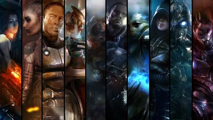 HD desktop wallpaper features characters from Mass Effect 2: Garrus Vakarian, Legion, Kasumi Goto, Thane Krios, Commander Shepard, Grunt, Mordin Solus, Zaeed Massani, Jack, and Miranda Lawson.