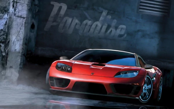 HD PC desktop wallpaper from the video game Burnout Paradise: red sports car skids across a wet urban street in front of a graffiti Paradise wall, smoky atmosphere.