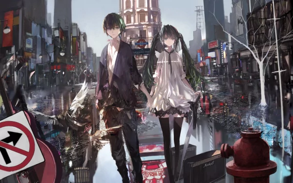 A vibrant HD desktop wallpaper featuring Hatsune Miku and a companion in an urban setting, capturing themes of love and celebration in a striking anime style.