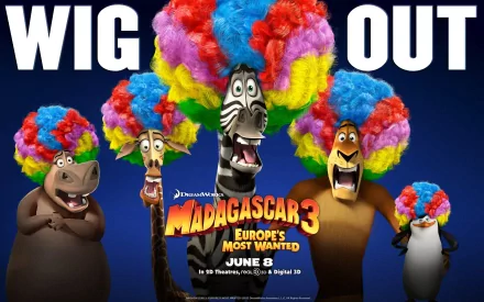 HD PC desktop wallpaper showing Marty (Madagascar) in a rainbow afro wig with fellow Madagascar 3: Europe's Most Wanted characters and the film logo on a bold blue background.