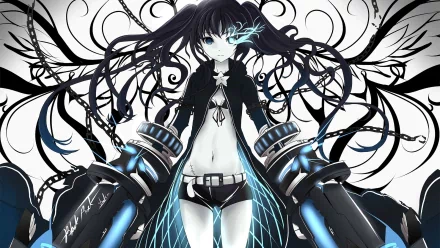 Anime-inspired Black Rock Shooter features a striking character surrounded by intricate black and blue designs, creating an intense, dynamic HD desktop wallpaper.