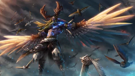 Malfurion Stormrage, a prominent character from World of Warcraft, stands powerfully with majestic wings, surrounded by swirling birds against a dramatic stormy backdrop in this HD wallpaper.