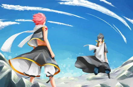 HD desktop wallpaper featuring anime characters Zeref Dragneel and Natsu Dragneel from Fairy Tail, standing under a bright blue sky with clouds swirling above.