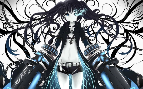 Anime-inspired Black Rock Shooter features a striking character surrounded by intricate black and blue designs, creating an intense, dynamic HD desktop wallpaper.