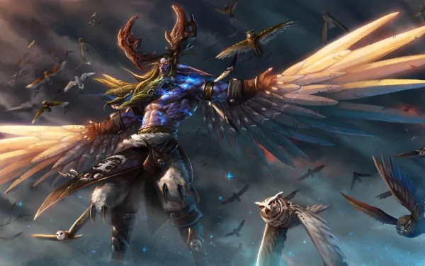Malfurion Stormrage, a prominent character from World of Warcraft, stands powerfully with majestic wings, surrounded by swirling birds against a dramatic stormy backdrop in this HD wallpaper.