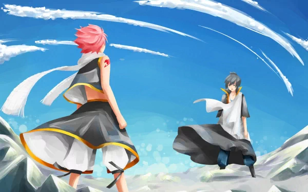 HD desktop wallpaper featuring anime characters Zeref Dragneel and Natsu Dragneel from Fairy Tail, standing under a bright blue sky with clouds swirling above.