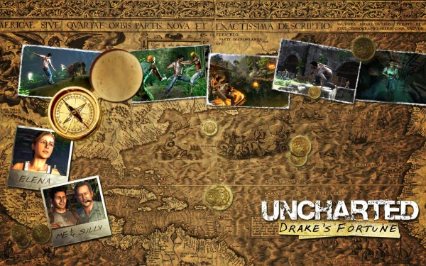 HD PC desktop wallpaper featuring a treasure map and character images from the video game Uncharted: Drake's Fortune.