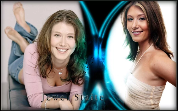 HD PC desktop wallpaper featuring Jewel Staite from Stargate, showcasing two portraits of the celebrity with a glowing Stargate symbol in the background.