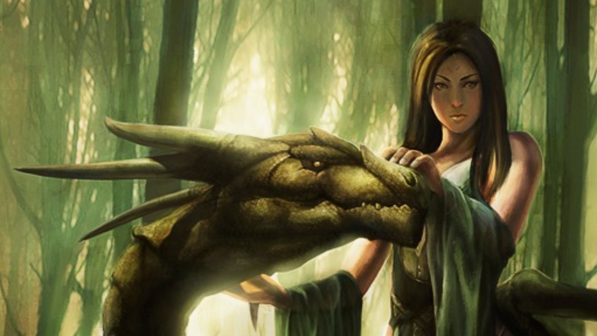A woman stands confidently in a sunlit forest, gently touching the head of a dragon. This captivating fantasy scene serves as an HD desktop wallpaper and background.