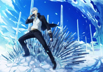 HD PC desktop wallpaper featuring Yu Narukami from the video game Persona 4, depicted in a dynamic pose with a vibrant blue background and ice-themed throne.