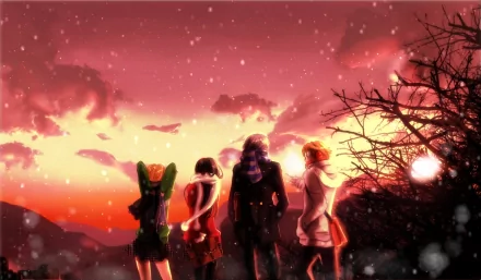 Persona 4 video game HD PC desktop wallpaper showing four characters standing with their backs to the viewer on a snowy cliff as a red-orange sunset sky glows behind silhouetted trees.