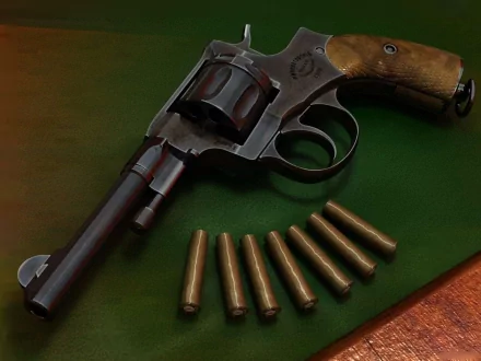HD PC desktop wallpaper showing a man-made Nagant M1895 revolver and seven cartridges laid out on a green surface.