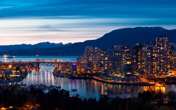 Man Made Vancouver Cities Canada Cityscape Scenic Panorama Mountain Sky Cloud Dusk Night Light Reflection HD Wallpaper | Background Image