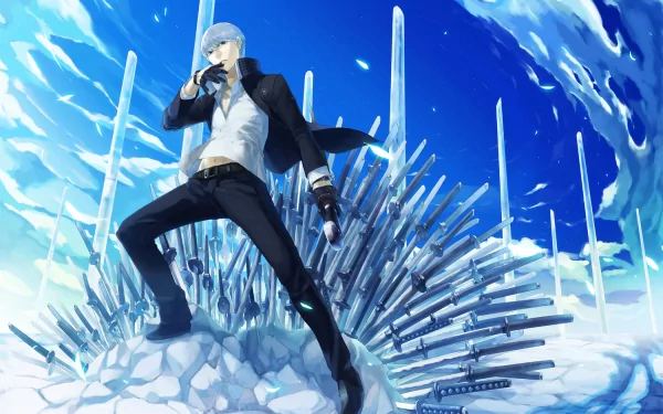 HD PC desktop wallpaper featuring Yu Narukami from the video game Persona 4, depicted in a dynamic pose with a vibrant blue background and ice-themed throne.