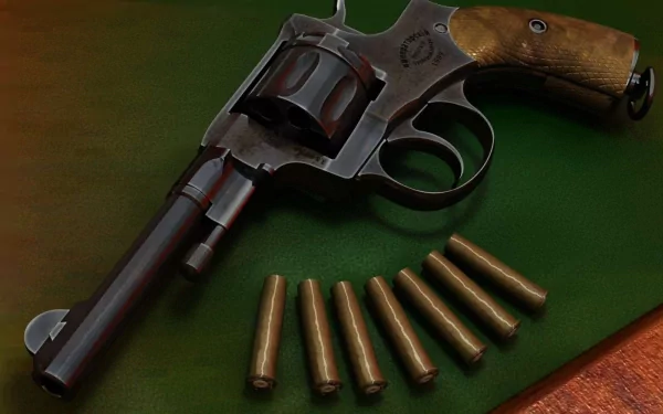 HD PC desktop wallpaper showing a man-made Nagant M1895 revolver and seven cartridges laid out on a green surface.