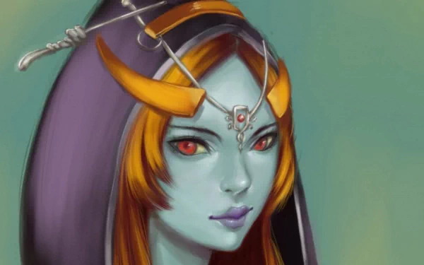 Portrait of video game character Midna (The Legend of Zelda: Twilight Princess), teal skin, red eyes and ornate headpiece — HD PC desktop wallpaper/background.