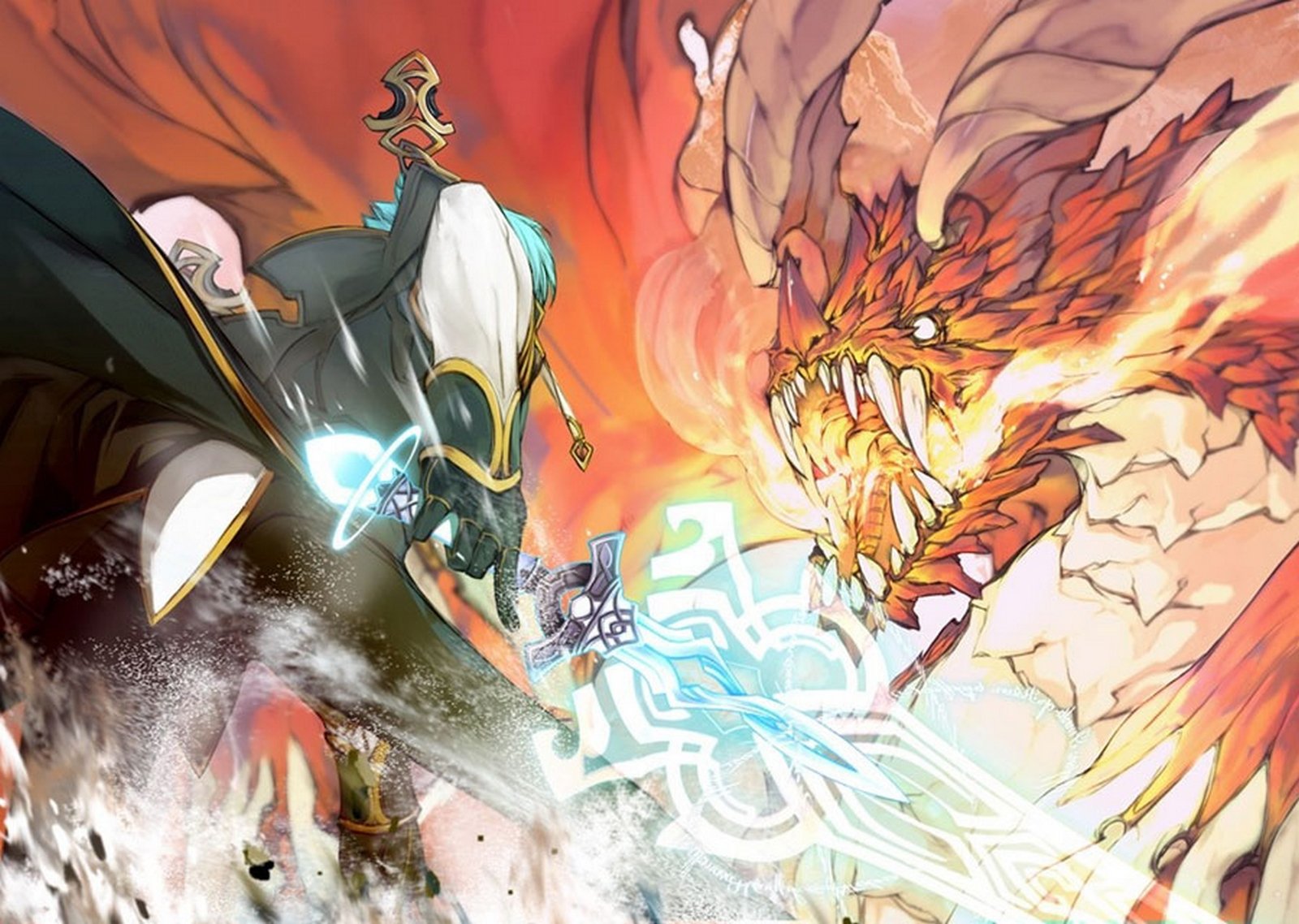 HD PC desktop wallpaper featuring dynamic artwork from the video game Mana Khemia, showcasing a fierce battle between a cloaked figure and a fiery dragon.