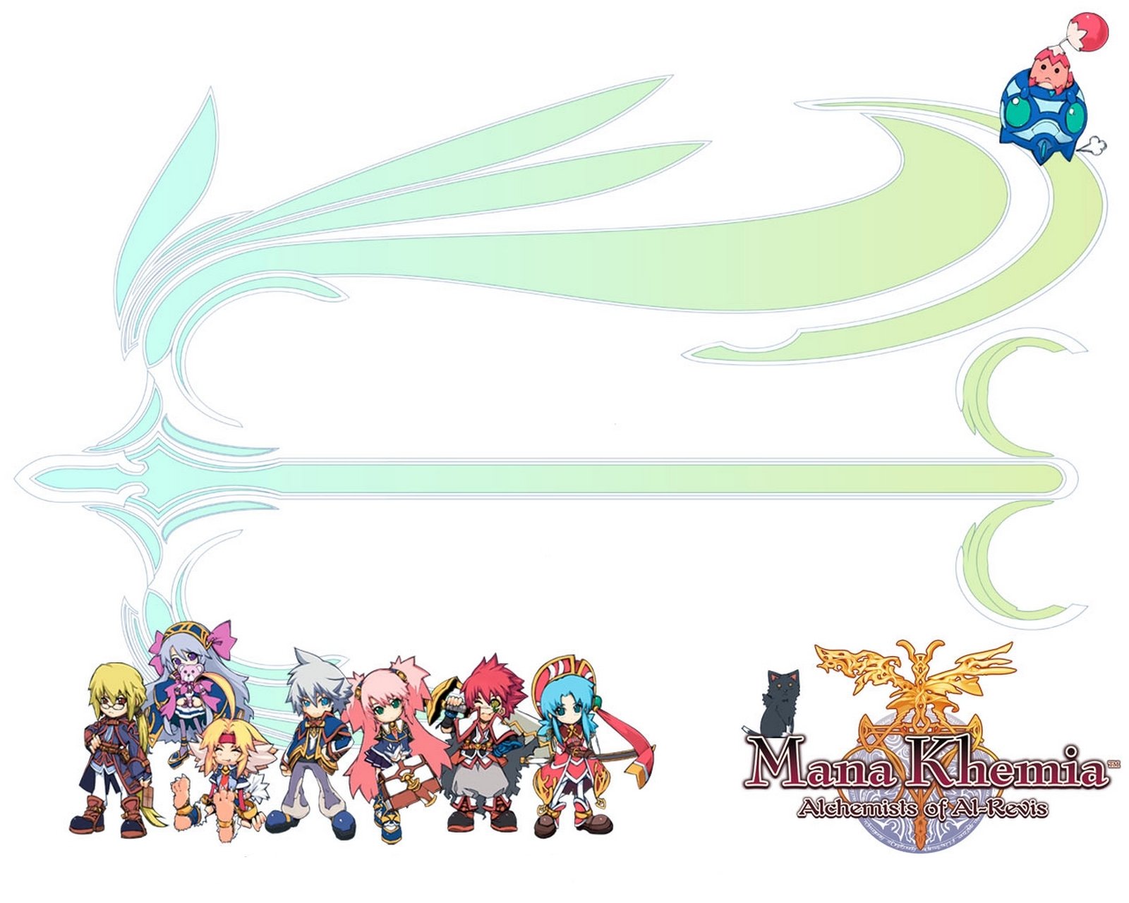 HD PC desktop wallpaper featuring colorful characters from the video game Mana Khemia, set against a light background with stylized mana designs.
