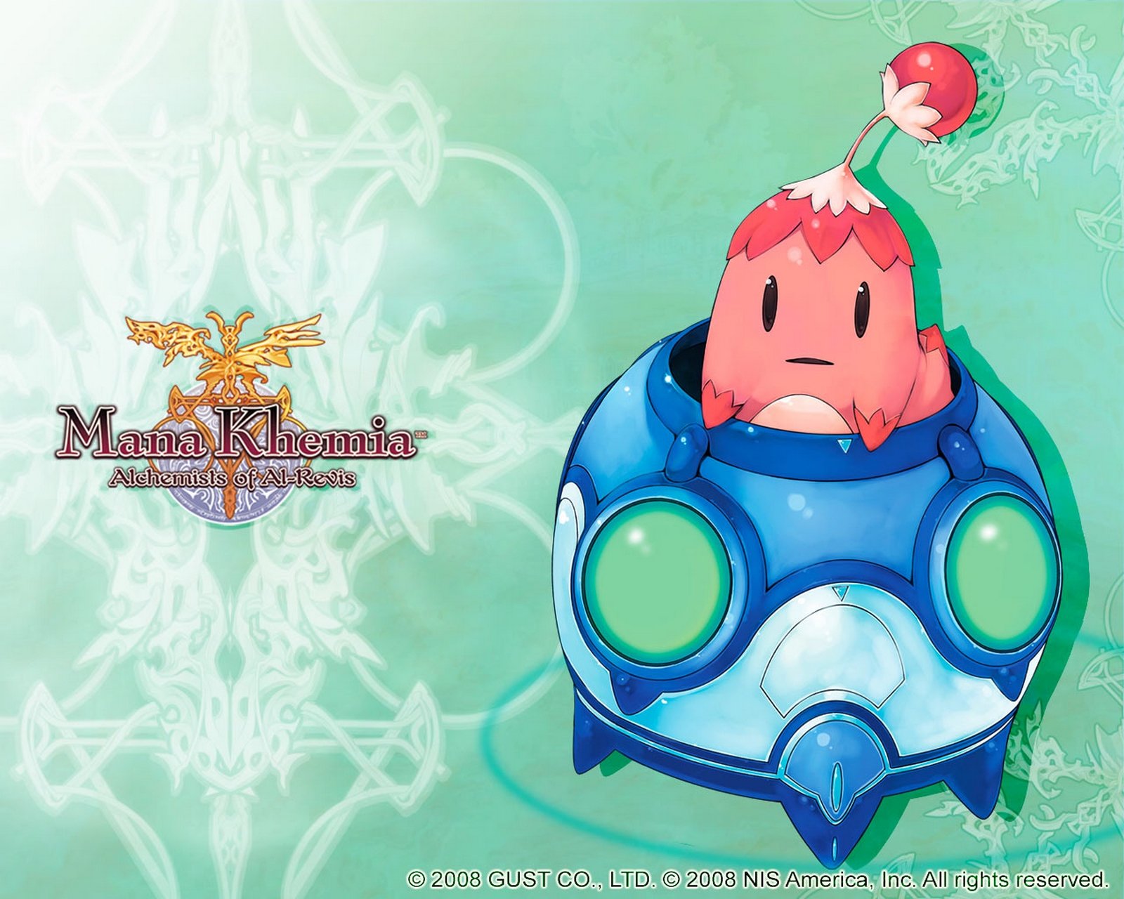 HD PC desktop wallpaper featuring a character from the video game Mana Khemia, showcasing vibrant colors and whimsical design elements.