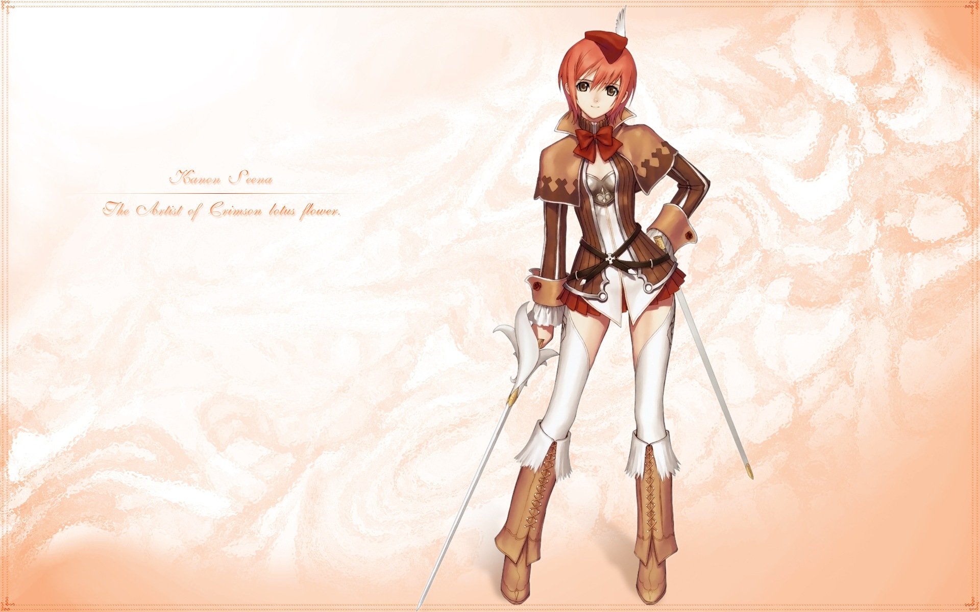 Anime HD PC desktop wallpaper of a red-haired female warrior from Shining Tears X Wind, standing with twin swords on a soft peach marbled background.