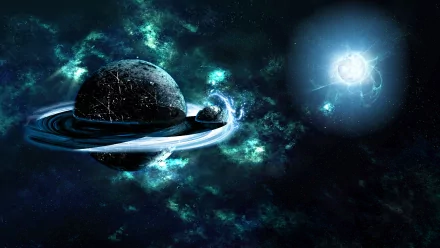 HD Sci-Fi wallpaper featuring a black planet with rings, glowing nebulae, and a bright star in deep space.