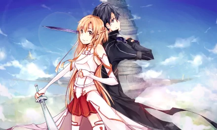 A vibrant HD wallpaper featuring Kazuto Kirigaya (Kirito) and Asuna Yuuki from Sword Art Online, standing back-to-back against a dynamic sky background.