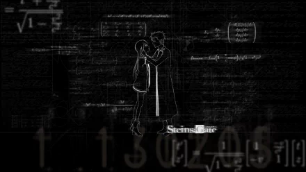 HD desktop wallpaper featuring anime characters Rintaro Okabe and Kurisu Makise from Steins;Gate. They stand facing each other, surrounded by mathematical formulas and the Steins;Gate logo.
