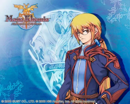 HD PC desktop wallpaper featuring a character from the video game Mana Khemia, set against a blue background with intricate, mystical designs.