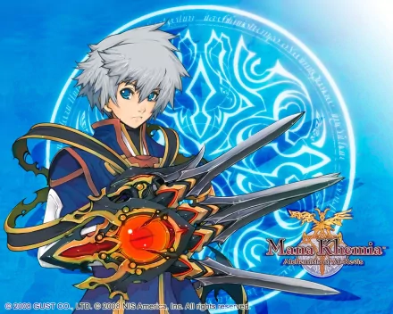 HD PC wallpaper featuring a character from the video game Mana Khemia, wielding a large, ornate weapon with glowing blue magical symbols in the background.