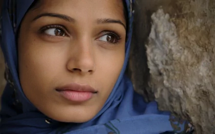 A captivating HD desktop wallpaper featuring Freida Pinto, showcasing her expressive eyes and serene expression against a textured background.
