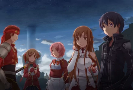 A dynamic scene featuring characters from Sword Art Online: Pina, Silica, Lisbeth, Klein, Kirito, and Asuna Yuuki, set against a dramatic sky backdrop. HD anime wallpaper.